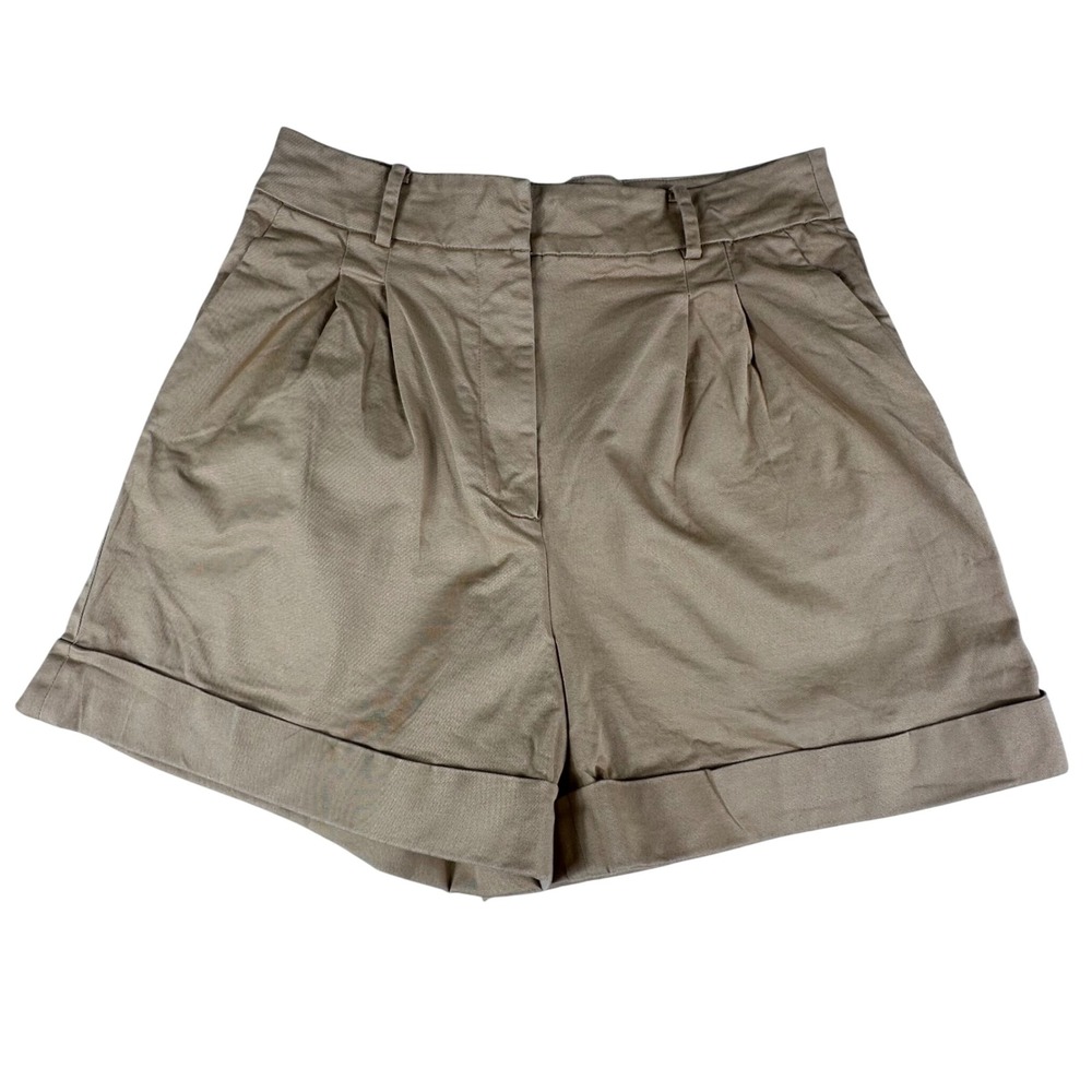 MOTF Pleated Cuffed Cotton Blend Shorts‎ Women M Tan Dark Academia Preppy